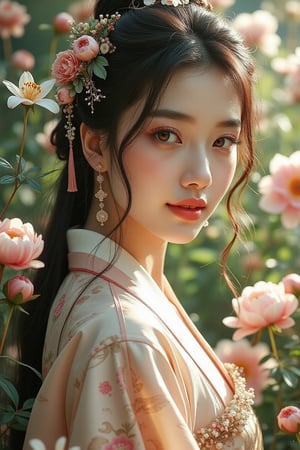 A tranquil Korean maiden stands in a lush garden filled with vibrant peonies and delicate lilies, the sunlight filtering through the leaves to create dappled shadows around her. She gazes warmly at the viewer, a gentle smile gracing her lips, with softly curled bangs framing her heart-shaped face. Her raven-black hair, adorned with exquisite floral hair clips, flows elegantly down her back. Sparkling amber eyes catch the light, and her makeup highlights her graceful features. She wears a pastel-hued hanbok with traditional patterns that flow beautifully around her. The soft focus captures the allure of the floral backdrop while keeping her as the focal point, enhancing her ethereal beauty and the peaceful ambiance of the garden.