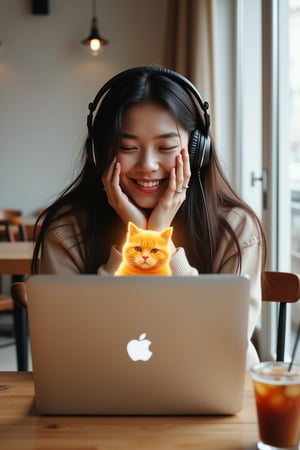 A young woman with long, dark hair is seated at a wooden table in a minimalist café. She is wearing large, over-ear headphones and using a MacBook Pro. She is smiling playfully with her hands covering part of her face, and a cute holographic orange cat is floating out of the laptop screen, glowing softly with a charming expression. The café features a clean, modern design with light-colored walls, wooden chairs, and an iced coffee beside her on the table, adding to the cozy and tech-savvy atmosphere.