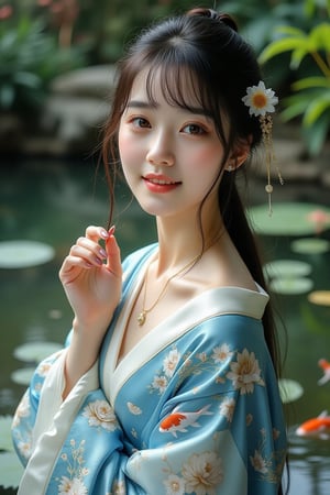 A graceful Korean maiden poses by a tranquil koi pond, surrounded by vibrant greenery and delicate lily pads floating atop the water. The young woman gazes playfully at the viewer with a warm, inviting smile, her bangs gently framing her heart-shaped face. Her long, sleek black hair is tied back, with a few strands cascading down, decorated with elegant hairpins shaped like blossoms. Her large, expressive hazel eyes shine brightly, and her lips are adorned with a soft pink gloss. A luxurious silk kimono in shades of blue and white drapes elegantly around her figure, the motifs reflecting the serenity of her environment. The background is slightly blurred, emphasizing the shimmering water and the vivid colors of the surrounding foliage, while maintaining the focus on her enchanting presence, which radiates tranquility and charm.