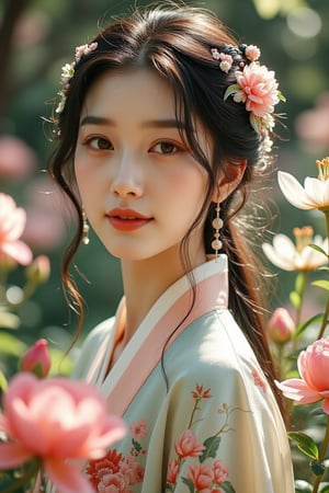 A tranquil Korean maiden stands in a lush garden filled with vibrant peonies and delicate lilies, the sunlight filtering through the leaves to create dappled shadows around her. She gazes warmly at the viewer, a gentle smile gracing her lips, with softly curled bangs framing her heart-shaped face. Her raven-black hair, adorned with exquisite floral hair clips, flows elegantly down her back. Sparkling amber eyes catch the light, and her makeup highlights her graceful features. She wears a pastel-hued hanbok with traditional patterns that flow beautifully around her. The soft focus captures the allure of the floral backdrop while keeping her as the focal point, enhancing her ethereal beauty and the peaceful ambiance of the garden.