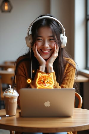 A young woman with long, dark hair is seated at a wooden table in a minimalist café. She is wearing large, over-ear headphones and using a MacBook Pro. She is smiling playfully with her hands covering part of her face, and a cute holographic orange cat is floating out of the laptop screen, glowing softly with a charming expression. The café features a clean, modern design with light-colored walls, wooden chairs, and an iced coffee beside her on the table, adding to the cozy and tech-savvy atmosphere.