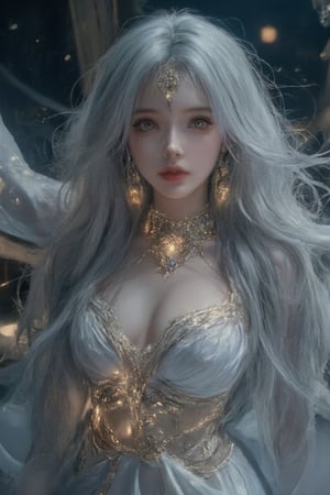 A mesmerizing djinn harem girl with glowing azure skin and long, flowing silver hair that shimmers like stardust. Her eyes burn with a radiant golden light, and her body is wrapped in translucent veils of silk that flow like mist around her. She floats effortlessly in the air, adorned with glowing, enchanted jewelry made of ethereal gold and gemstones. The air around her hums with magical energy, and she moves with an elegant grace, her every motion leaving trails of sparkling light in the luxurious, mystical harem.