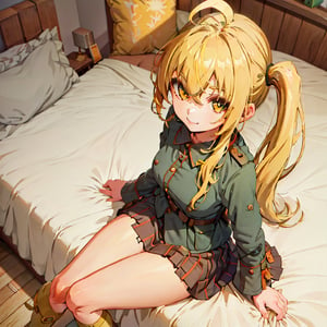 absurdres,anime,(masterpiece,best quality,extremely detailed,detailed eyes),(anime waifu style,absurdres:1.2),(1girl,luciana de montefio,side ponytail,yellow hair,happy,bedroom,ww1ger,ahoge,solo:1.2),(skirt,legs,looking at viewer,hand on bed,facing viewer,from above,sitting on bed:1.2)