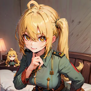 absurdres,anime,(masterpiece,best quality,extremely detailed,detailed eyes),(anime waifu style,absurdres:1.2),(1girl,luciana de montefio,side ponytail,yellow hair,happy,bedroom,ww1ger,ahoge:1.2),(leaning forward,looking at viewer,hand behind back,facing viewer:1.2)