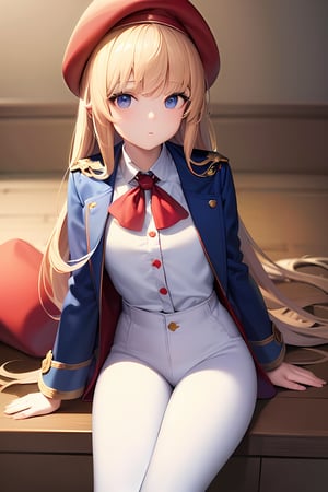 (masterpiece,best quality,extremely detailed CG unity 8k wallpaper,light,bright)1girl,solo,Looking at viewer,blonde hair,blue eyes,long hair,straight hair,((red beret)),((blue coat)),((white shirt)),(open shirt),((red pants)),sitting on