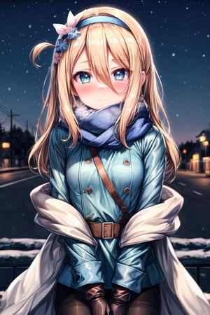 (absurdres,anime,masterpiece,best quality,extremely detailed,beautiful  eyes,outdoors,night:1.2),(anime waifu style,absurdres,1girl:1.2),(suomi,hat, long sleeves, scarf, gloves, jacket, headwear, looking at viewer, hair flower,  fur collar, fur trim, pantyhose:1.4),(POV,happy,outdoors,street,night,winter,arms behind back,close to viewer,upper body,light blush:1.2),(looking at viewer,facing viewer:1.2)