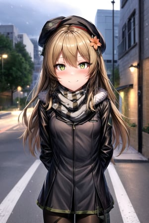 (absurdres,anime,masterpiece,best quality,extremely detailed,beautiful  eyes,outdoors,night:1.2),(anime waifu style,absurdres,1girl:1.2),(rfb (girls' frontline),hat, long sleeves, scarf, gloves, jacket, headwear, looking at viewer, hair flower,  fur collar, fur trim, black pantyhose:1.4),(POV,happy,outdoors,street,night,winter,arms behind back,close to viewer,upper body,light blush:1.2),(looking at viewer,facing viewer:1.2),