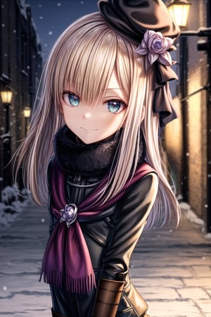 (absurdres,anime,masterpiece,best quality,extremely detailed,beautiful  eyes,outdoors,night:1.2),(anime waifu style,absurdres,1girl:1.2),(reines(normal),hat, long sleeves, scarf, gloves, jacket, headwear, looking at viewer, hair flower,  fur collar, fur trim, black pantyhose:1.4),(POV,leaning forward,happy,closed mouth,outdoors,street,night,winter,arms behind back,close to viewer,upper body:1.2),(looking at viewer,facing viewer:1.2)