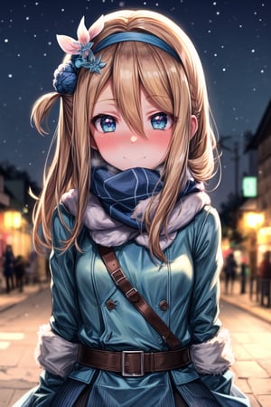 (absurdres,anime,masterpiece,best quality,extremely detailed,beautiful  eyes,outdoors,night:1.2),(anime waifu style,absurdres,1girl:1.2),(suomi,hat, long sleeves, scarf, gloves, jacket, headwear, looking at viewer, hair flower,  fur collar, fur trim, pantyhose:1.4),(POV,happy,outdoors,street,night,winter,arms behind back,close to viewer,upper body,light blush:1.2),(looking at viewer,facing viewer:1.2)