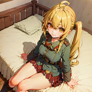 absurdres,anime,(masterpiece,best quality,extremely detailed,detailed eyes),(anime waifu style,absurdres:1.2),(1girl,luciana de montefio,side ponytail,yellow hair,happy,bedroom,ww1ger,ahoge,solo:1.2),(skirt,legs,looking at viewer,hand on bed,facing viewer,from above,sitting on bed:1.2)