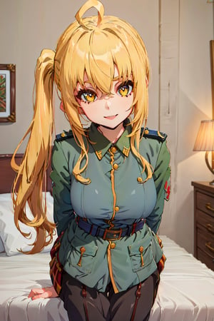 absurdres,anime,(masterpiece,best quality,extremely detailed,detailed eyes:1.2),(anime waifu style,absurdres:1.2),(1girl,luciana de montefio,side ponytail,yellow hair,happy,bedroom,ww1ger,ahoge:1.2),(leaning forward,looking at viewer,hand behind back,facing viewer:1.2)