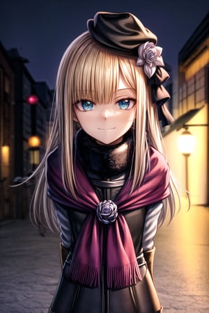 (absurdres,anime,masterpiece,best quality,extremely detailed,beautiful  eyes,outdoors,night:1.2),(anime waifu style,absurdres,1girl:1.2),(reines(normal),hat, long sleeves, scarf, gloves, jacket, headwear, looking at viewer, hair flower,  fur collar, fur trim, black pantyhose:1.4),(POV,leaning forward,happy,closed mouth,outdoors,street,night,winter,arms behind back,close to viewer,upper body:1.2),(looking at viewer,facing viewer:1.2)