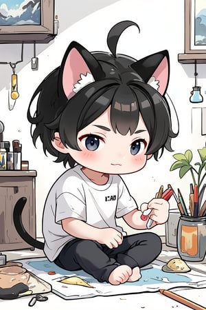 score_9, score_8_up, masterpiece, cute, anime, chibi, 1 cute boy cat(black eyes, white skin, black short hair,cat ears,,wearing white shirt and black pant, drawing on a border" i am SID") sitting in a art room, having sketches in background.
