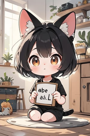 score_9, score_8_up, masterpiece, cute, anime, chibi, 1 rude, hot, boy cat(brown and black eyes, white skin, black short hair,cat ears,wearing black shirt and black pant, holding board" abe ja na L") sitting in a cute room.

