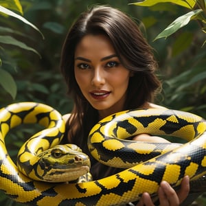 A striking image of a beautiful woman with long, flowing hair, partially covered by a massive, vividly colored snake that wraps around her body. The snake has intricate patterns on its scales, featuring deep greens, vibrant yellows, and hints of blues, with large, menacing teeth visible. The woman's expression is one of calm and confidence, her eyes sparkling with intrigue as she gazes at the viewer. The background is a lush, exotic jungle, filled with dense foliage and colorful flowers, enhancing the dramatic tension of the scene while showcasing her beauty against the snake's powerful presence.