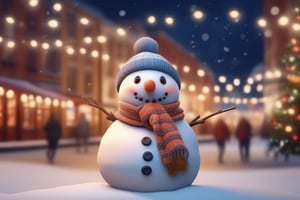 Photorealistic, Humorous snowman, City square during evening with Christmas lights, Soft ambient light, Warm color palette, Festive and merry mood, The snowman looks playful with a carrot nose and a scarf, surrounded by holiday decorations