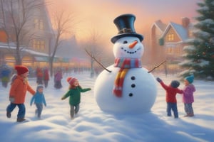 Photorealistic, Smile-inducing snowman, Square bustling with holiday cheer and a majestic New Year tree, Midday light reflecting off the snow, Bright and cheerful color palette, Playful and whimsical atmosphere, Snowman with a hat and gloves, surrounded by children playing