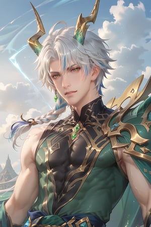 score_9, score_8_up, score_7_up, masterpiece, best quality, extremely detailed,highres,detailed beautiful face and eyes,solo, cute, male focus, BREAK 1 males. solo,BREAK Zhao Yun Ming(white hair, multicolored hair, braid, gloden horns, official alternate costume), spiked_hair, BREAK looking at viewer BREAK lightening, black cloudy, cloudy_sky, a ray of light breaking cloud, thunders, glowing, BREAK perfect muscule, muscular_body, BREAK green loong, green dragons BREAK detailed clothes, detailed background,