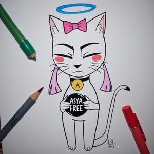 1girl, solo, blush, animal ears, tail, closed eyes, pink hair, cat ears, signature, collar, cat tail, bell, cat, jingle bell, neck bell, furry. A cartoon drawing of a white cat with a pink bow on its head. The cat is holding a yellow ball in its hands. There is a blue and green arrow pointing to the right. There are pink and green arrows pointing towards the cat. he holds a black disk in his hands, on which "Asya FREE" is written in white letters.


,art_solyanka, watercolor,painting,paper texture,watercolor paper,sketch,colored pencil,hhstyle,fantasy_master_05