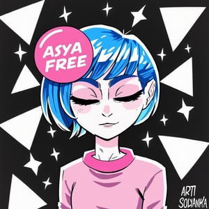 1girl, solo, blush, short hair, bangs, blue hair, closed eyes, upper body, pink hair, multicolored hair, artist name, gradient hair, freckles, An animated image of a girl with blue hair, a white face, and a pink shirt. The girl is holding a pink disc with the word "Asya FREE" written on it in white letters. Her hands are raised in the air. The background is black with white triangle shapes on it.


,art_solyanka, watercolor,painting,paper texture,watercolor paper,sketch,colored pencil,hhstyle,fantasy_master_05