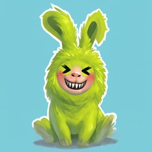 solo, smile, simple background, full body, teeth, a stylized hare, acid green in color, with a pink round muzzle, with narrow black slanted eyes without pupils, a smile from ear to ear with sharp sawtooth teeth, a cute baby blush on his cheeks, the hare sits in a pose like a human, looks more like a needle than a real hare \(creature\), no humans, blue background, blush stickers, sharp teeth