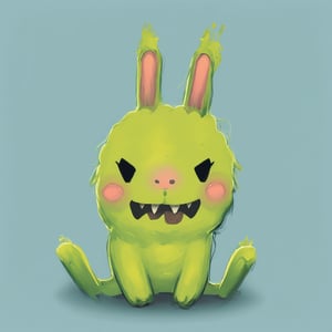 solo, smile, simple background, full body, teeth, a stylized hare, acid green in color, with a pink round muzzle, with narrow black slanted eyes without pupils, a smile from ear to ear with sharp sawtooth teeth, a cute baby blush on his cheeks, the hare sits in a pose like a human, looks more like a needle than a real hare \(creature\), no humans, blue background, blush stickers, sharp teeth,art_solyanka