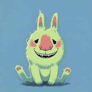 solo, smile, simple background, full body, teeth, a stylized hare, acid green in color, with a pink round muzzle, with narrow black slanted eyes without pupils, a smile from ear to ear with sharp sawtooth teeth, a cute baby blush on his cheeks, the hare sits in a pose like a human, looks more like a needle than a real hare \(creature\), no humans, blue background, blush stickers, sharp teeth,art_solyanka