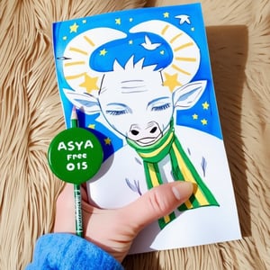 holding, closed eyes, horns, star \(symbol\), no humans, facing viewer. A close-up view of a hand holding a blue paper with a painting of a bull on it. The bull is facing towards the right side of the image and has two horns on its head. The horns are white with yellow tips on them. A green striped scarf is tied around the neck of the bull. The background of the painting is blue with yellow stars and small white birds flying in the sky. The hand holding the paper is resting on a light brown fur surface.

he holds a green disk in his hands, on which "Asya FREE" is written in white letters.


,art_solyanka, watercolor,painting,paper texture,watercolor paper,sketch,colored pencil,hhstyle,fantasy_master_05