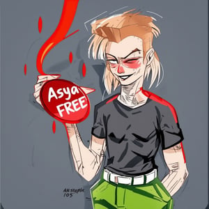 solo, smile, blonde hair, simple background, shirt, 1boy, short sleeves, male focus, one eye closed, teeth, tongue, belt, sketch, black shirt, facial hair, fire, t-shirt. An animated portrait of a man in a black t-shirt and green pants with a white belt on his waist. The man is holding a red fire in his right hand and his left hand is raised in the air. His mouth is slightly open and he has a red smile on his face. His hair is short and brown. The background is a dark gray color.

he holds a red disk in his hands, on which "Asya FREE" is written in white letters.


,art_solyanka, watercolor,painting,paper texture,watercolor paper,sketch,colored pencil,hhstyle,fantasy_master_05