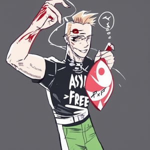 solo, smile, blonde hair, simple background, shirt, 1boy, short sleeves, male focus, one eye closed, teeth, tongue, belt, sketch, black shirt, facial hair, fire, t-shirt. An animated portrait of a man in a black t-shirt and green pants with a white belt on his waist. The man is holding a red fire in his right hand and his left hand is raised in the air. His mouth is slightly open and he has a red smile on his face. His hair is short and brown. The background is a dark gray color.

he holds a red disk in his hands, on which "Asya FREE" is written in white letters.


,art_solyanka, watercolor,painting,paper texture,watercolor paper,sketch,colored pencil,hhstyle,fantasy_master_05