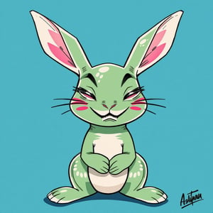 solo, smile, simple background, full body, teeth, a stylized hare, acid green in color, with a pink round muzzle, with narrow black slanted eyes without pupils, a smile from ear to ear with sharp sawtooth teeth, a cute baby blush on his cheeks, the hare sits in a pose like a human, looks more like a needle than a real hare \(creature\), no humans, blue background, blush stickers, sharp teeth,art_solyanka, watercolor,painting,paper texture,watercolor paper,sketch,colored pencil,hhstyle,fantasy_master_05