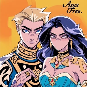 An animated painting of a man and a woman. The man has blonde hair and blue eyes. The woman is wearing a blue dress with gold accents. She has long dark hair and a crown on her head. She is also wearing a gold ring on her left hand. Her left hand is touching the man's chest. The background is orange and yellow.

the word "Asya FREE" is written in stylish letters on the background. 


,watercolor,painting,paper texture,watercolor paper,sketch,colored pencil,hhstyle,fantasy_master_05,kawaiicolors