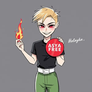 solo, smile, blonde hair, simple background, shirt, 1boy, short sleeves, male focus, one eye closed, teeth, tongue, belt, sketch, black shirt, facial hair, fire, t-shirt. An animated portrait of a man in a black t-shirt and green pants with a white belt on his waist. The man is holding a red fire in his right hand and his left hand is raised in the air. His mouth is slightly open and he has a red smile on his face. His hair is short and brown. The background is a dark gray color.

he holds a red disk in his hands, on which "Asya FREE" is written in white letters.


,art_solyanka, watercolor,painting,paper texture,watercolor paper,sketch,colored pencil,hhstyle,fantasy_master_05