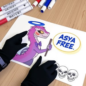 solo, gloves, 1boy, holding, weapon, male focus, horns, armor, muscular, traditional media, helmet, skull, marker \(medium\).
a medium-angle view of a cartoon drawing is displayed on a white sheet of paper. The drawing features a purple dragon with a pink head, a purple robe, and a purple bow around its neck. The dragon is holding a stick in its right hand, and its head is facing towards the left side of the image. There are three skulls in the bottom right corner of the drawing. The skulls are arranged in a circle, with the word "Asya FREE" written in blue letters on a yellow background. Above the drawing, there are three markers in various colors, including red, blue, and white. The background is a light brown wooden table.


,art_solyanka, watercolor,painting,paper texture,watercolor paper,sketch,colored pencil,hhstyle,fantasy_master_05