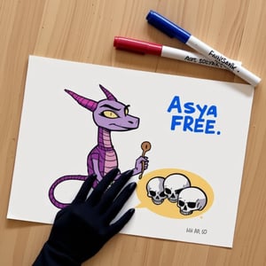 solo, gloves, 1boy, holding, weapon, male focus, horns, armor, muscular, traditional media, helmet, skull, marker \(medium\).
a medium-angle view of a cartoon drawing is displayed on a white sheet of paper. The drawing features a purple dragon with a pink head, a purple robe, and a purple bow around its neck. The dragon is holding a stick in its right hand, and its head is facing towards the left side of the image. There are three skulls in the bottom right corner of the drawing. The skulls are arranged in a circle, with the word "Asya FREE" written in blue letters on a yellow background. Above the drawing, there are three markers in various colors, including red, blue, and white. The background is a light brown wooden table.


,art_solyanka, watercolor,painting,paper texture,watercolor paper,sketch,colored pencil,hhstyle,fantasy_master_05