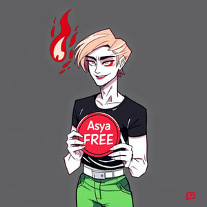 solo, smile, blonde hair, simple background, shirt, 1boy, short sleeves, male focus, one eye closed, teeth, tongue, belt, sketch, black shirt, facial hair, fire, t-shirt. An animated portrait of a man in a black t-shirt and green pants with a white belt on his waist. The man is holding a red fire in his right hand and his left hand is raised in the air. His mouth is slightly open and he has a red smile on his face. His hair is short and brown. The background is a dark gray color.

he holds a red disk in his hands, on which "Asya FREE" is written in white letters.


,art_solyanka, watercolor,painting,paper texture,watercolor paper,sketch,colored pencil,hhstyle,fantasy_master_05