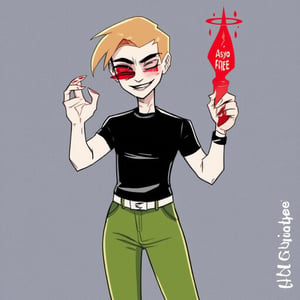 solo, smile, blonde hair, simple background, shirt, 1boy, short sleeves, male focus, one eye closed, teeth, tongue, belt, sketch, black shirt, facial hair, fire, t-shirt. An animated portrait of a man in a black t-shirt and green pants with a white belt on his waist. The man is holding a red fire in his right hand and his left hand is raised in the air. His mouth is slightly open and he has a red smile on his face. His hair is short and brown. The background is a dark gray color.

he holds a red disk in his hands, on which "Asya FREE" is written in white letters.


,art_solyanka, watercolor,painting,paper texture,watercolor paper,sketch,colored pencil,hhstyle,fantasy_master_05