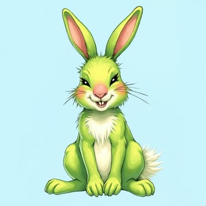 solo, smile, simple background, full body, teeth, a stylized hare, acid green in color, with a pink round muzzle, with narrow black slanted eyes without pupils, a smile from ear to ear with sharp sawtooth teeth, a cute baby blush on his cheeks, the hare sits in a pose like a human, looks more like a needle than a real hare \(creature\), no humans, blue background, blush stickers, sharp teeth,art_solyanka, watercolor,painting,paper texture,watercolor paper,sketch,colored pencil