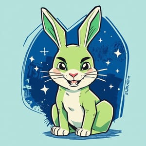 solo, smile, simple background, full body, teeth, a stylized hare, acid green in color, with a pink round muzzle, with narrow black slanted eyes without pupils, a smile from ear to ear with sharp sawtooth teeth, a cute baby blush on his cheeks, the hare sits in a pose like a human, looks more like a needle than a real hare \(creature\), no humans, blue background, blush stickers, sharp teeth,art_solyanka, watercolor,painting,paper texture,watercolor paper,sketch,colored pencil,hhstyle,fantasy_master_05