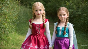 Two adorable (8_year_old:1.2) English girls, one dressed as Elsa from Frozen and one dressed as Anna from Frozen, Their lips are soft and full. Their expression is wistful. looking at the viewer, lifting skirts