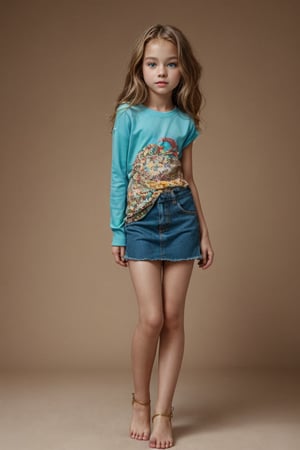 Full body view of a blue-eyed tween girl with a well-formed hot body, 100 times prettier tween girl. hot childish style Fashion wear. Simple background, plenty of skin on show, sexy pose.