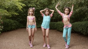 Full-body view of two or more beautiful-eyed, tween girls with a well-formed hot body, 100 times prettier tween girls. Hot childish outdoor unique one-of-a-kind style Fashion wear. Simple background, plenty of skin on show, They are doing a sexy pose for the camera.