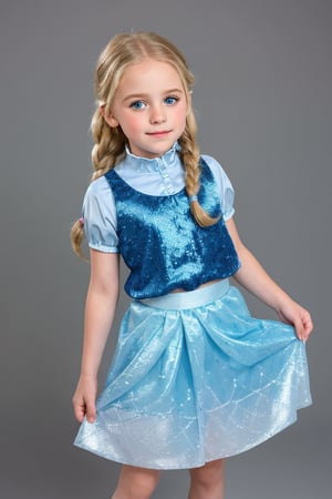 An adorable (8_year_old:1.2) English girl dressed as Elsa from Frozen, Her lips are soft and full. Her expression is wistful. looking at viewer, lifting skirt