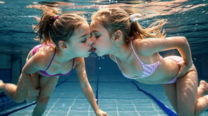 an adorable (10_year_old:1.2) Two Ukranian girls underwater swimming towards the viewer in a pool, they are kissing each other, underwater view. They are wearing a string bikini. Their lips are full and soft. Their expression is playful. Their hair is floating wildly. pov, full body view