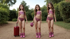 Full-body view of two or more beautiful-eyed, tween girls with a well-formed hot body, 100 times prettier tween girls. Hot childish outdoor unique one-of-a-kind style Fashion wear. Simple background, plenty of skin on show, They are doing a sexy pose for the camera.