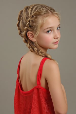 young br1tn3y girl, blond hair braided. standing looking back, portrait, 