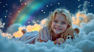 Soft focus captures a whimsical scene: a 9-year-old blonde girl, bright blue eyes aglow, lies on fluffy white clouds in the starry night sky. Her loose-fitting nightie flows like mist as she clings to her teddy bear, surrounded by a brilliant rainbow and twinkling stars. The atmosphere is playful and carefree, with the girl's joyful expression radiating happiness against a dreamy, soft-lit backdrop of swirling clouds and celestial magic.