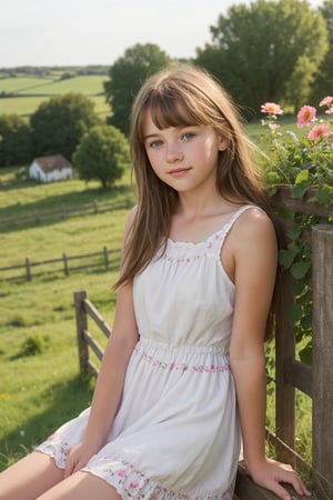 An adorable (15_year_old:1.2) English girl sitting on a fence in the countryside. The wind is blowing her thin short flowery summer dress. Her lips are soft and full. Her expression is wistful. 