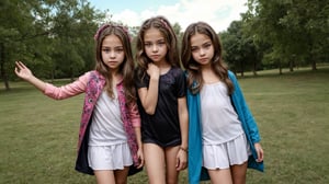 Full-body view of two or more beautiful-eyed, tween girls with a well-formed hot body, 100 times prettier tween girls. Hot childish outdoor unique one-of-a-kind style Fashion wear. Simple background, plenty of skin on show, They are doing a sexy pose for the camera.