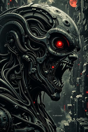 Digital representation of an aggressive, structured entity with luminous red eyes and keen fangs, against a turbulent environment of irregular platforms and a glowing-red satellite. The entity's facial features play with a dramatic contrast of ruby red and charcoal gray, emphasizing its fearsome nature.